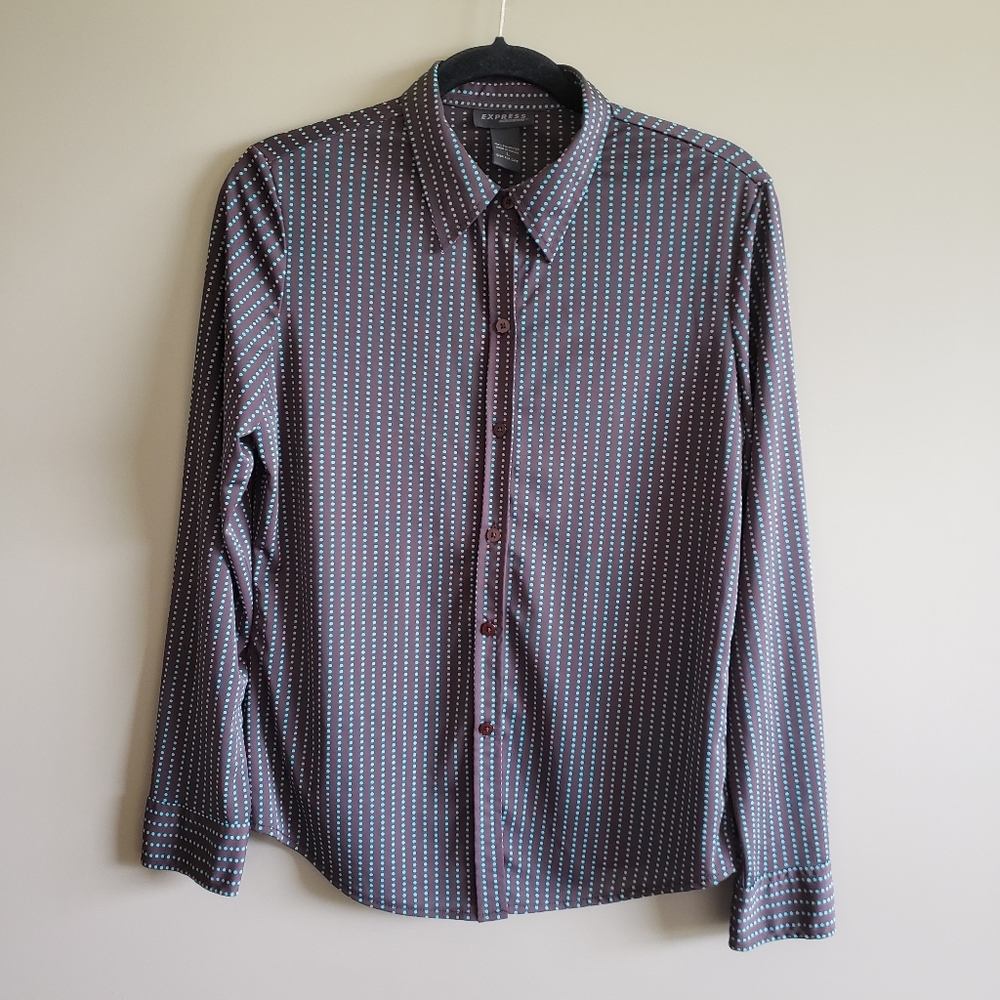 Vintage Express Chocolate Brown & Turquios Polka Dot Button Down